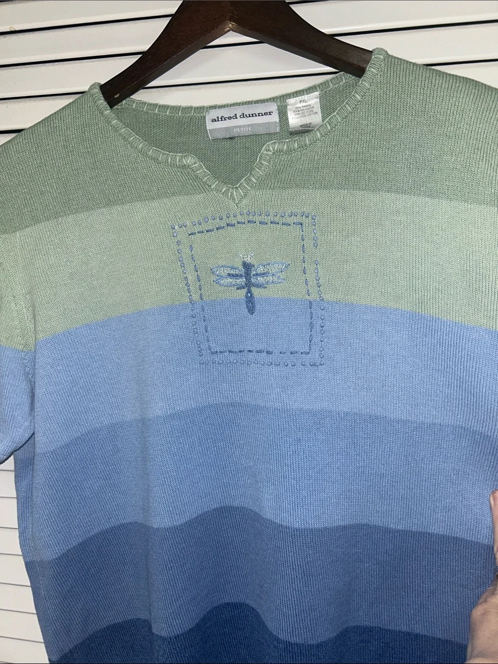 Alfred Dunner Green and Blue Gradient Dragonfly Knit Short Sleeve Sweater